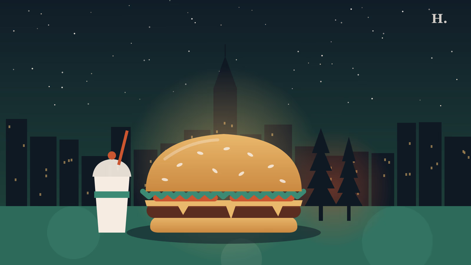 Best burgers in Conroe TX illustration: a smash burger with pine tree silhouettes against a Houston night sky