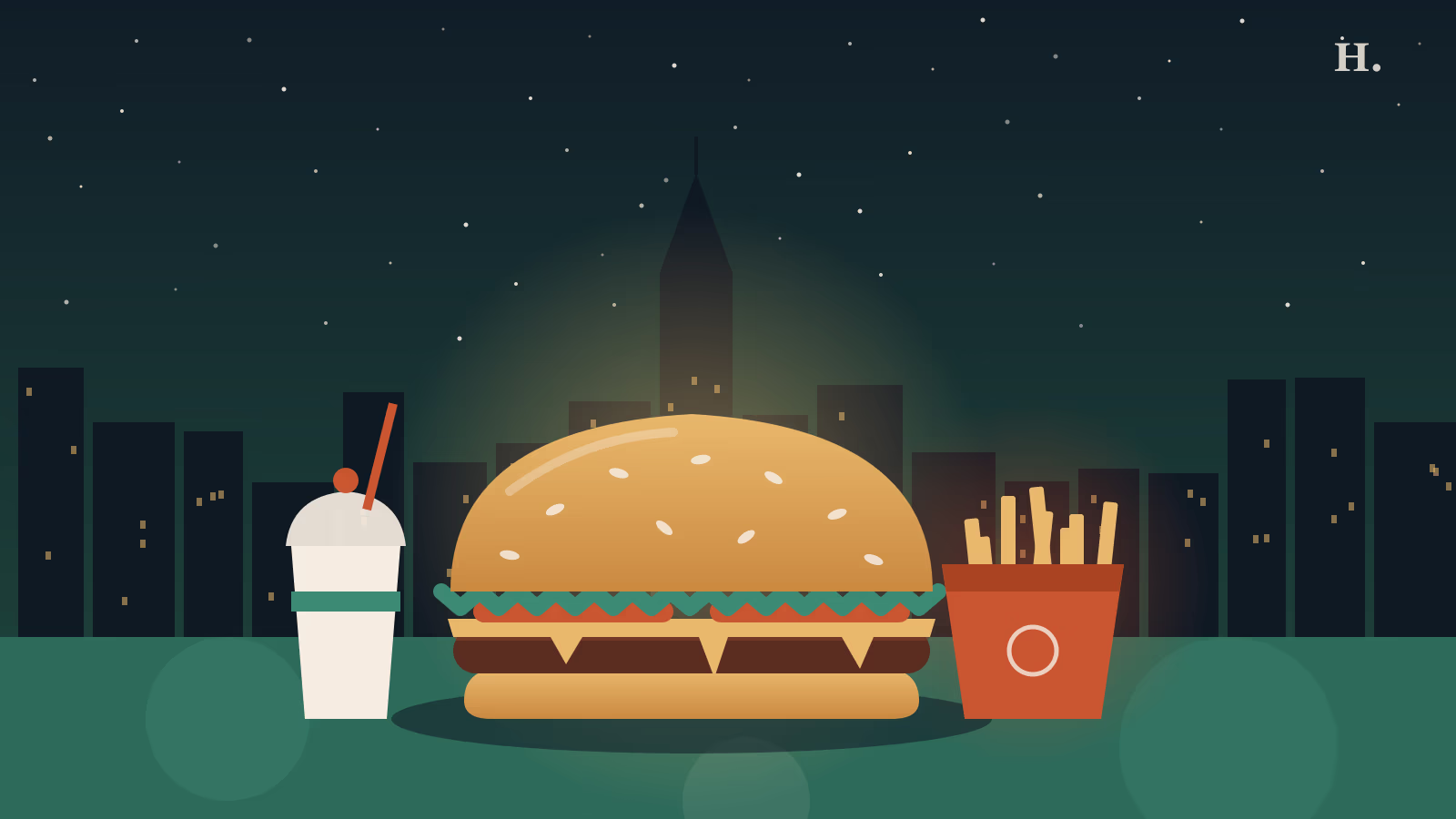 Best burgers in Cypress TX illustration: a stacked smash burger under the Houston night sky with golden fries