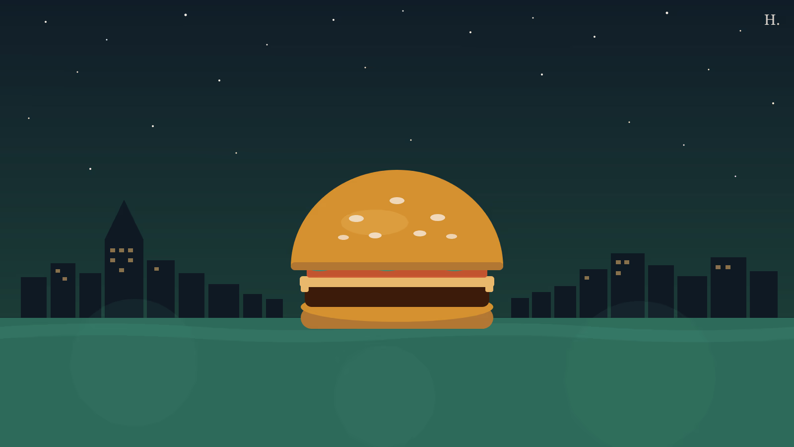 Best burgers in Galveston TX: a stacked Angus burger on the Seawall at night, Houston skyline behind