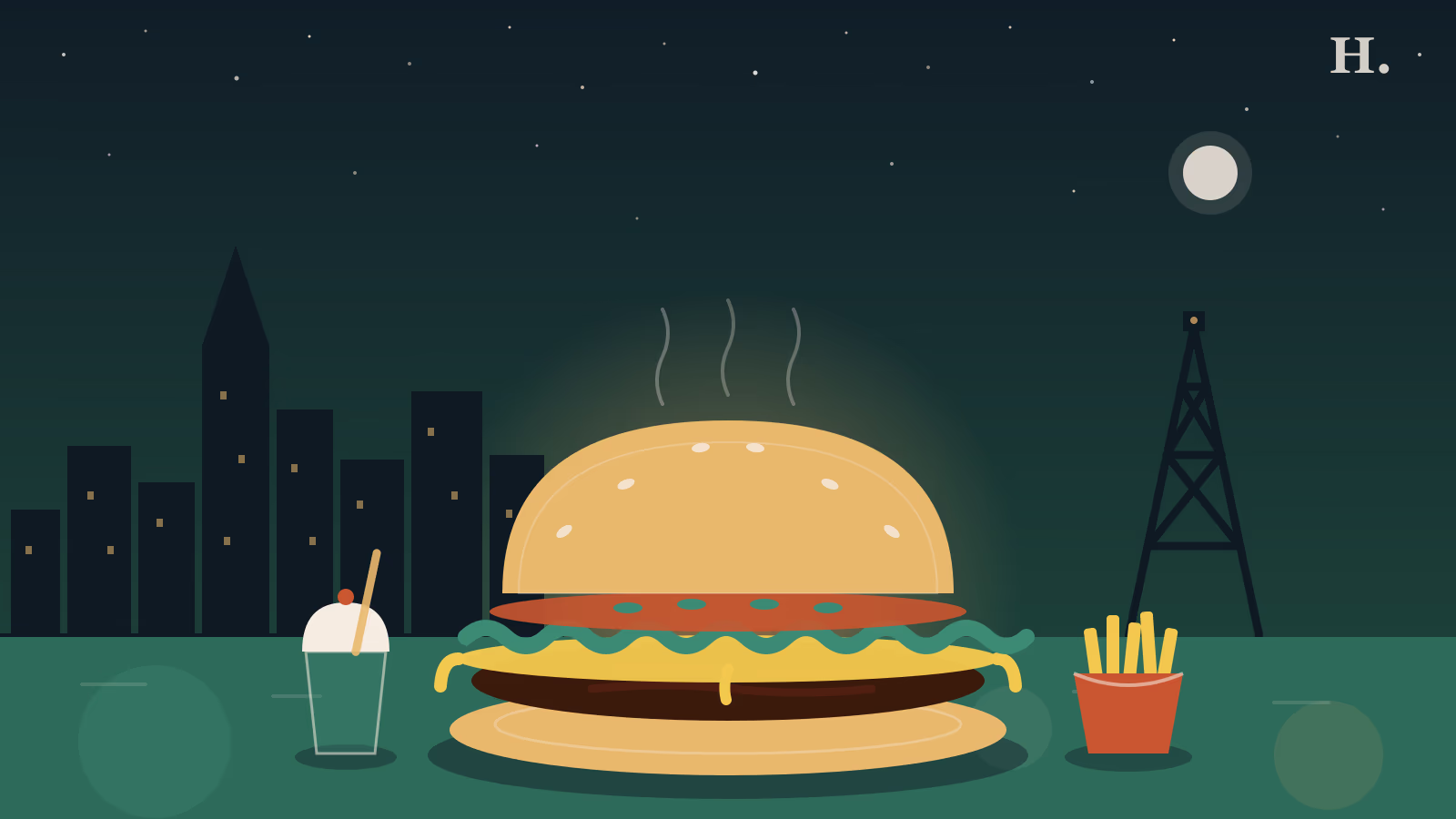 Best burgers in Humble TX illustration: burger, fries and shake beside an oil derrick at night