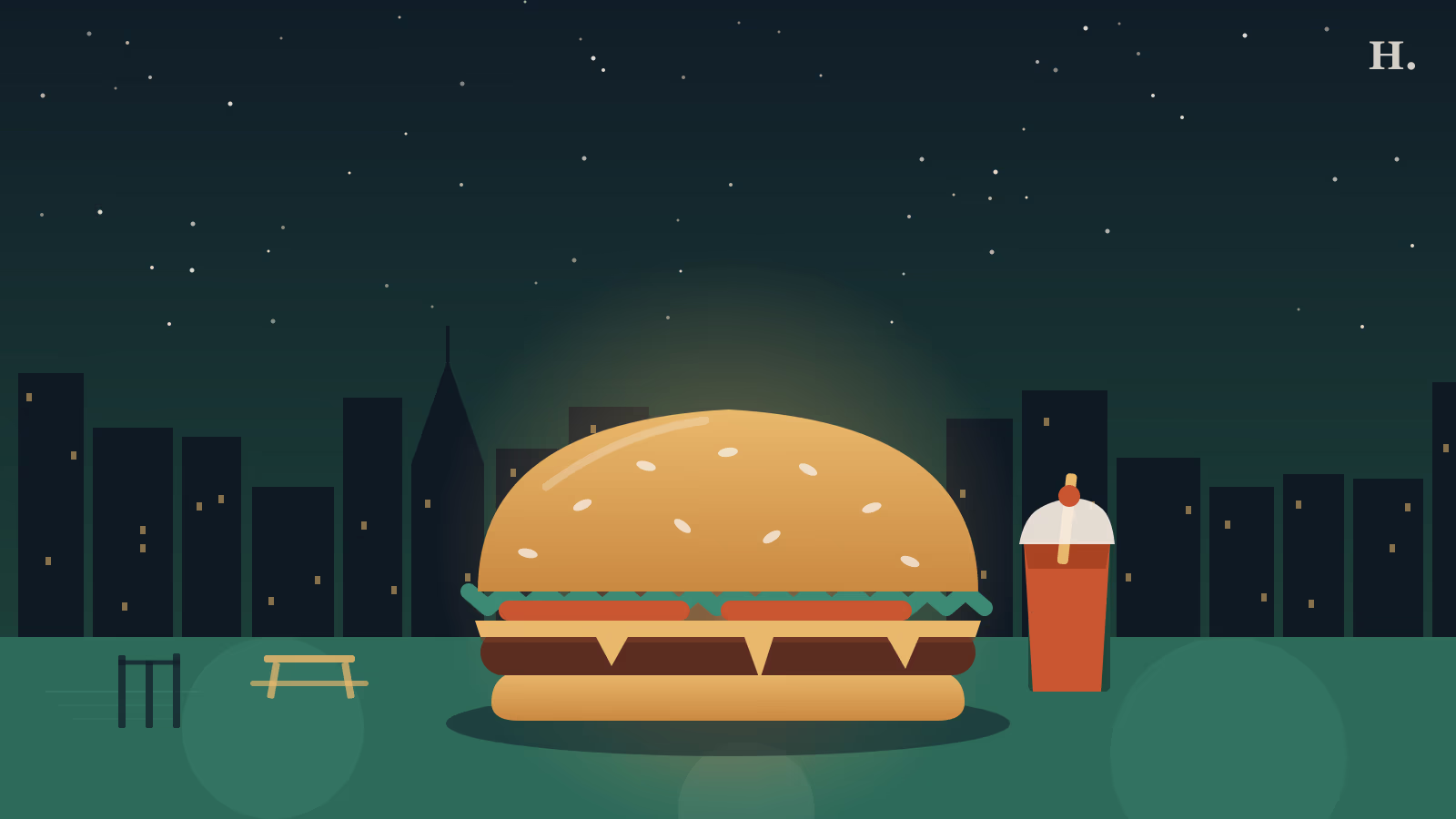 Best burgers in League City TX: a towering double smash burger on a nighttime Houston-area skyline