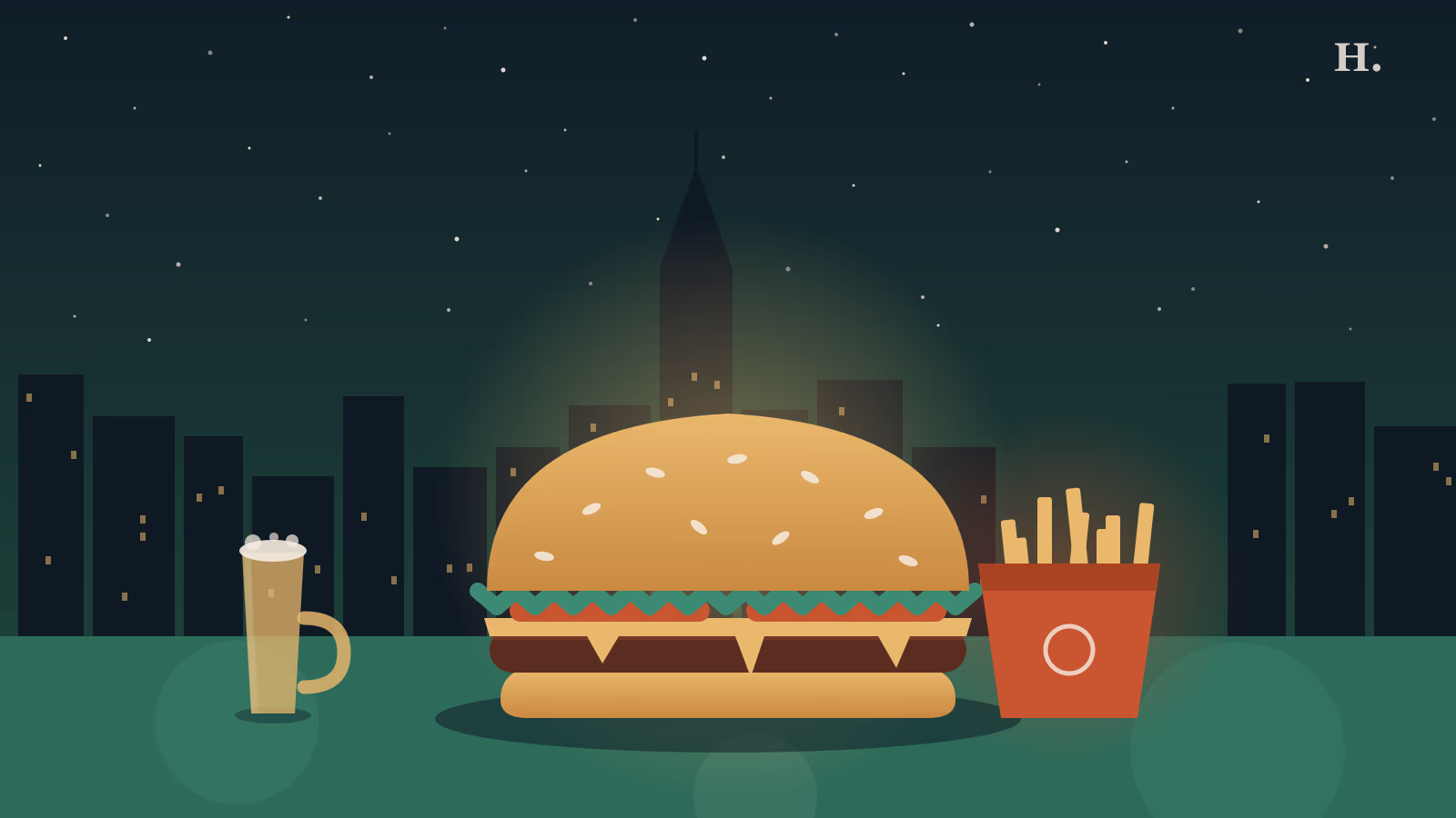 Best burgers midtown Houston illustration: stacked smash burger with sesame bun and Houston skyline at night