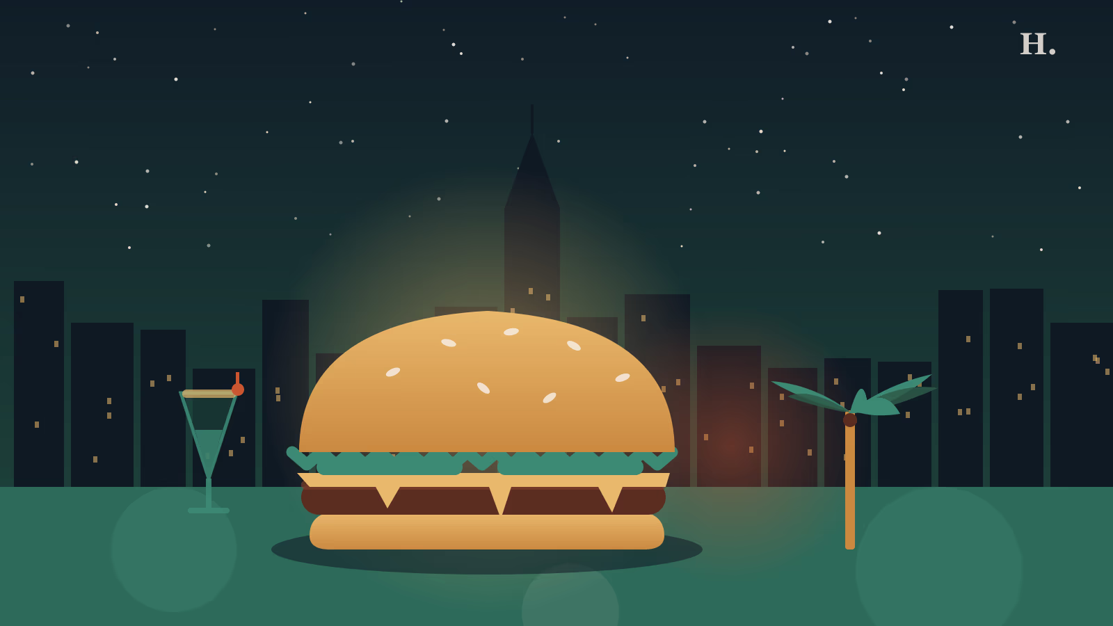 Night skyline silhouette behind a golden cheeseburger in Montrose Houston, burgers montrose, with palm tree and cocktail glass