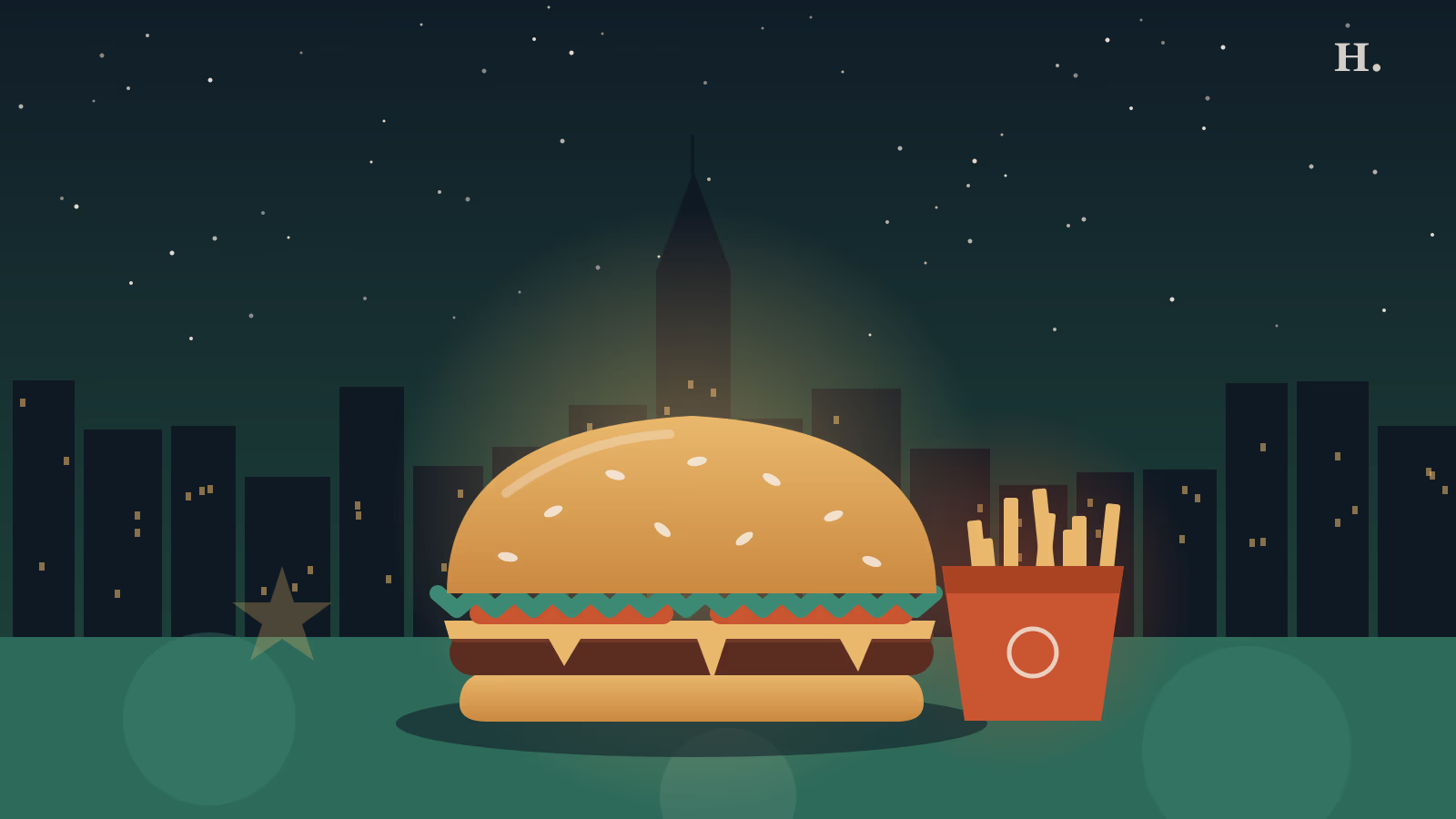 Best burgers in Pasadena TX: a loaded Angus patty on a brioche bun set against the nighttime Houston area skyline