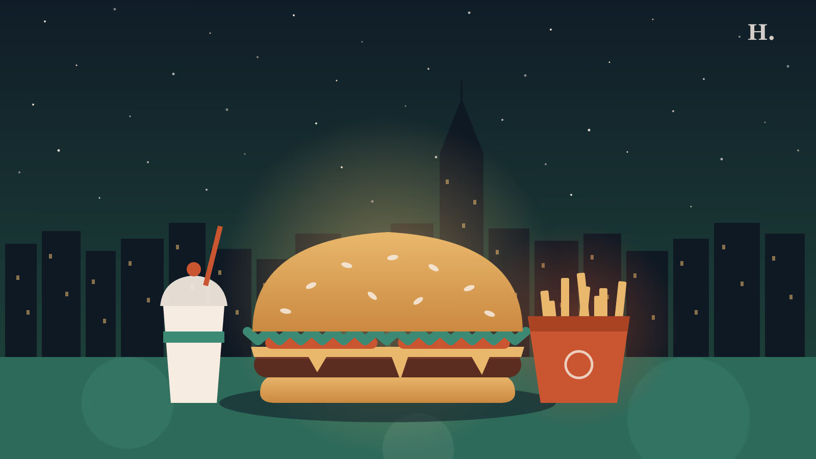Best burgers in Pearland TX illustration: giant layered smash burger in foreground with Houston skyline and night sky