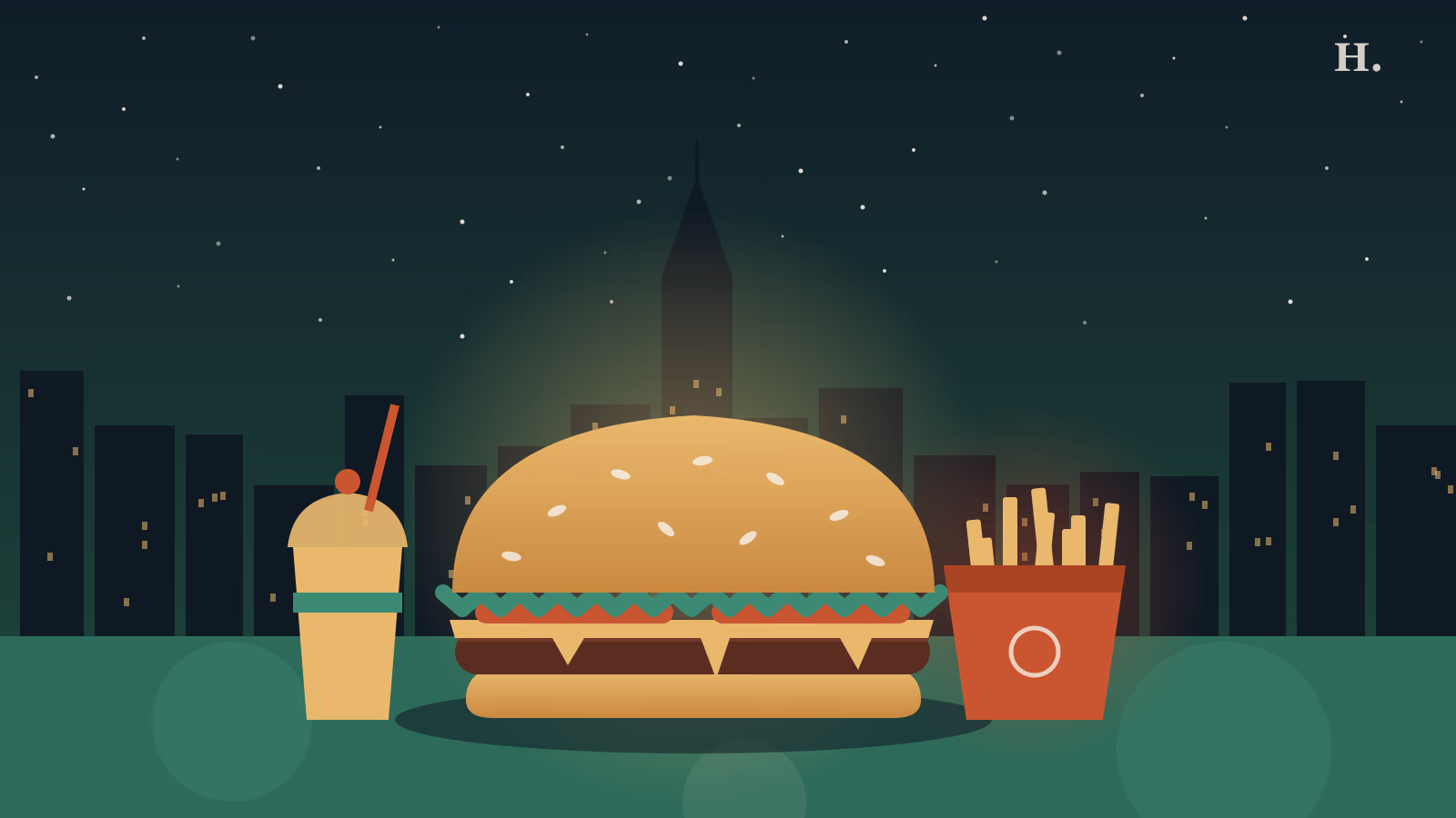 Best burgers in Spring TX illustration: stacked smash burger with sesame bun and fries against a Houston night skyline