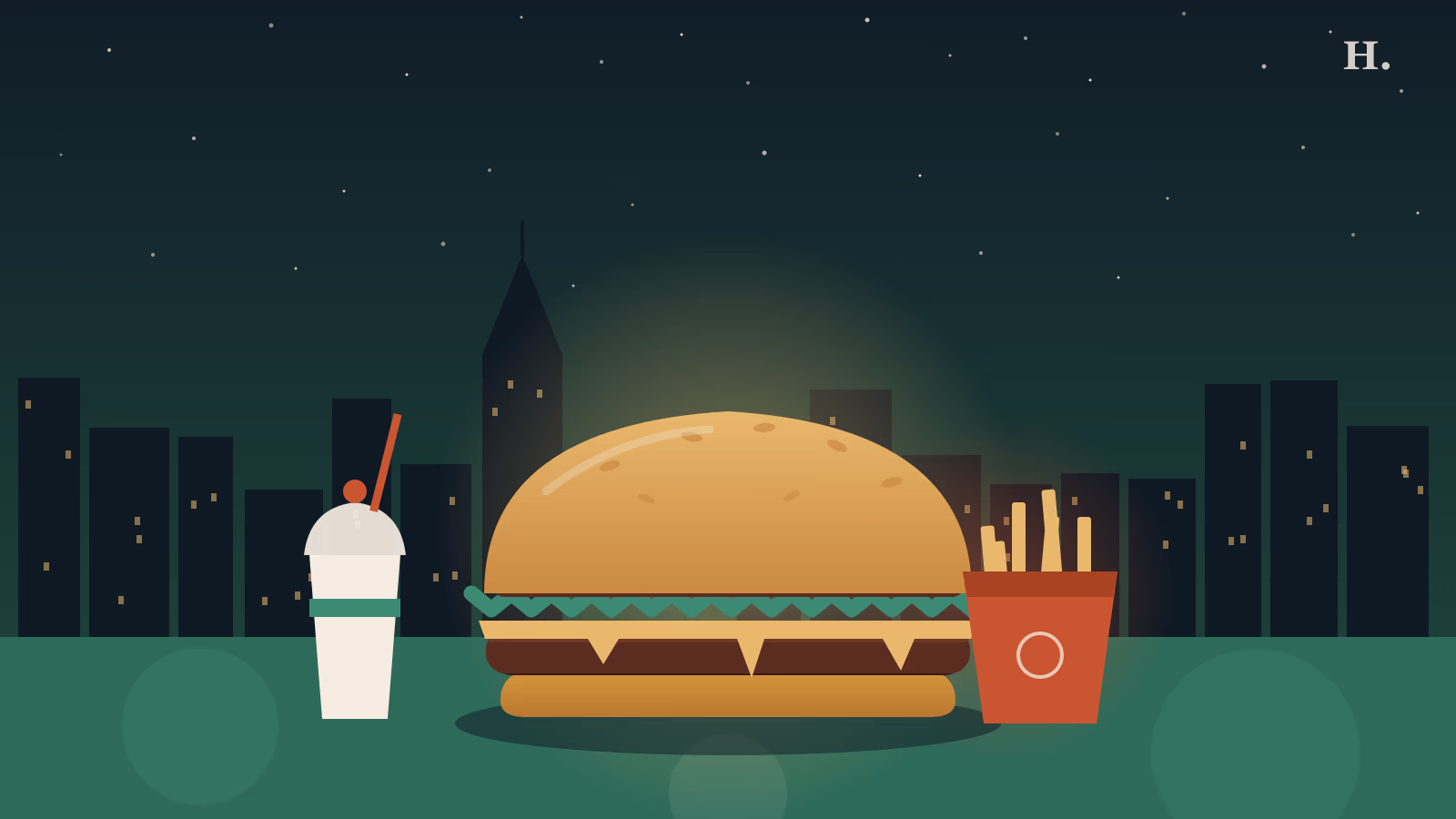 Best burgers Sugar Land TX illustration: smash burger with sesame bun, Houston skyline at night