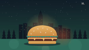 Best burgers in The Woodlands TX illustration: stacked burger with pine trees and night skyline