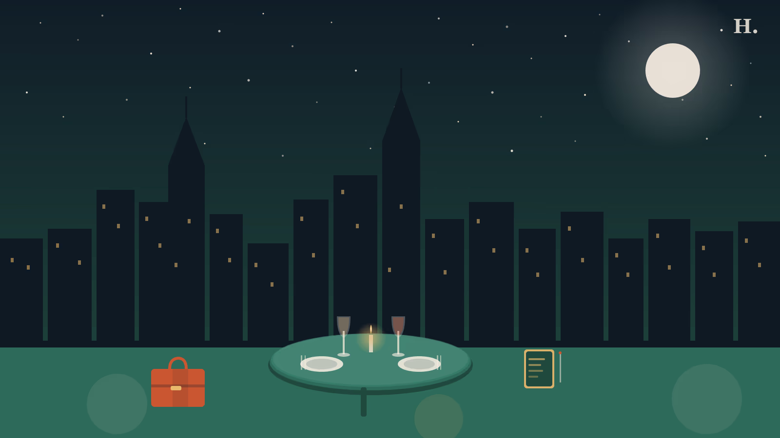 Business lunch Houston illustration: a set table with wine glasses and a briefcase against the downtown skyline at night
