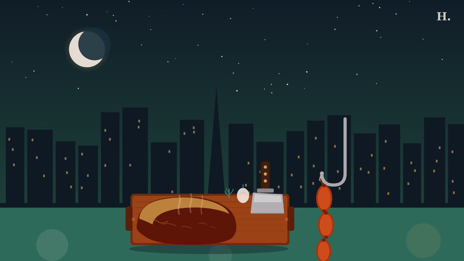 Houston meat market at night: brisket on a wooden cutting board, cleaver, and hanging sausage links against the downtown skyline