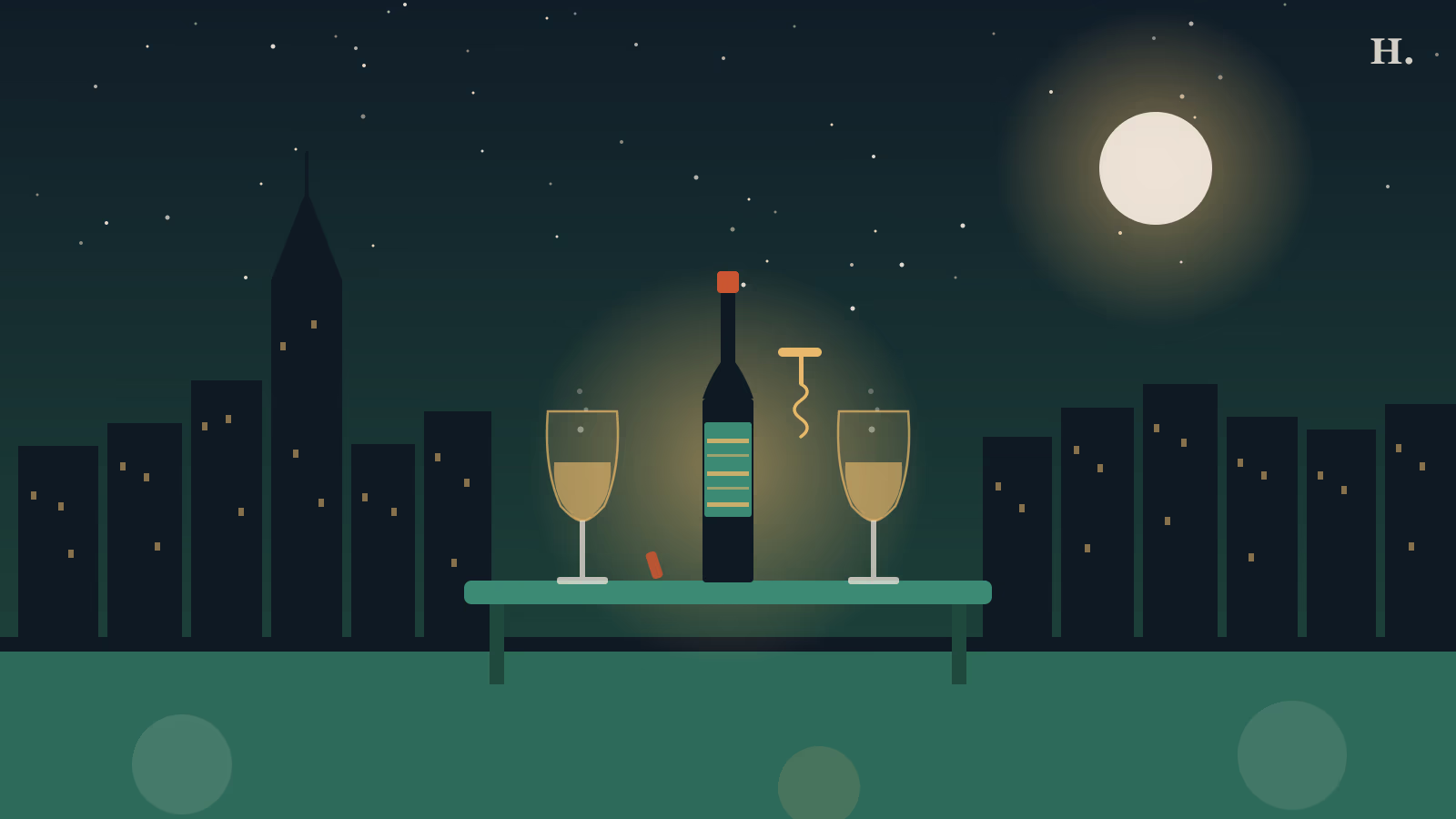 Best BYOB restaurants in Houston illustration: wine bottle and two glasses on a restaurant table against the city skyline at night