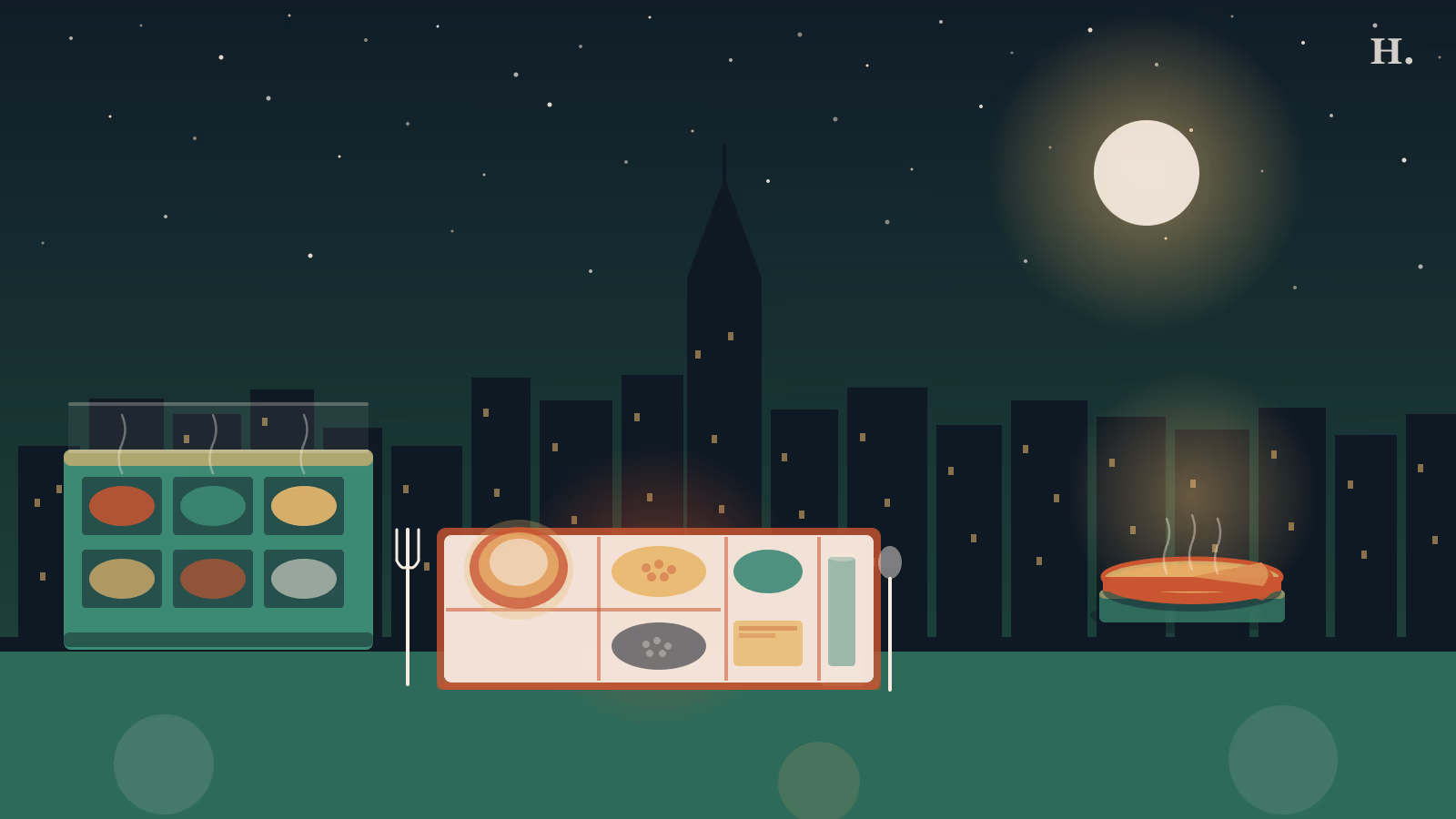 Houston cafeterias illustration: a divided tray with comfort food, steam-table pans and the city skyline at dusk