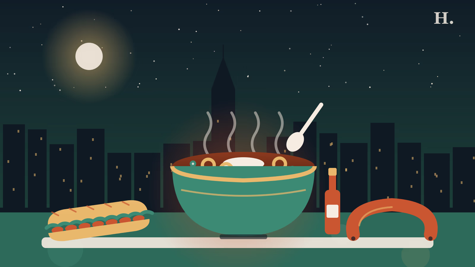 Cajun restaurants Houston illustration: gumbo bowl, shrimp po'boy, boudin link and hot sauce at night