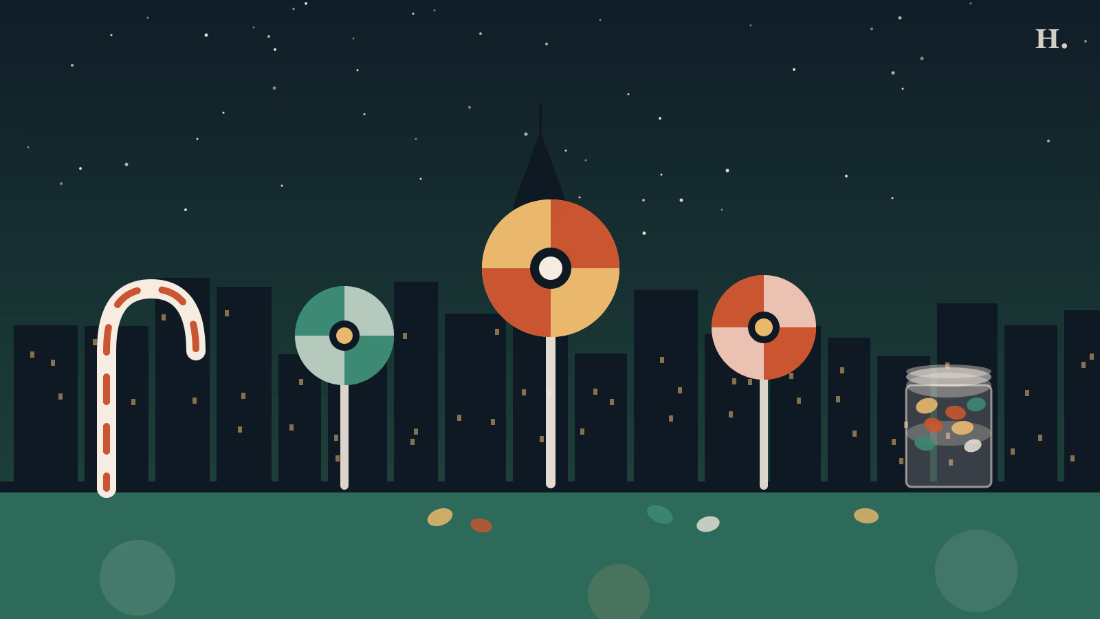 Candy stores in Houston: lollipops, candy cane and Houston skyline at night