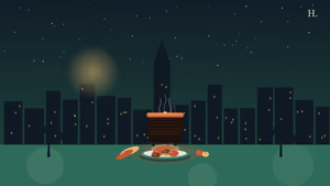Houston night skyline behind jerk barrel smoker with chicken platter and plantains for a Caribbean dining guide
