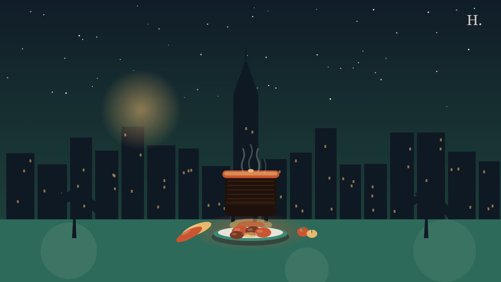 Houston night skyline behind jerk barrel smoker with chicken platter and plantains for a Caribbean dining guide