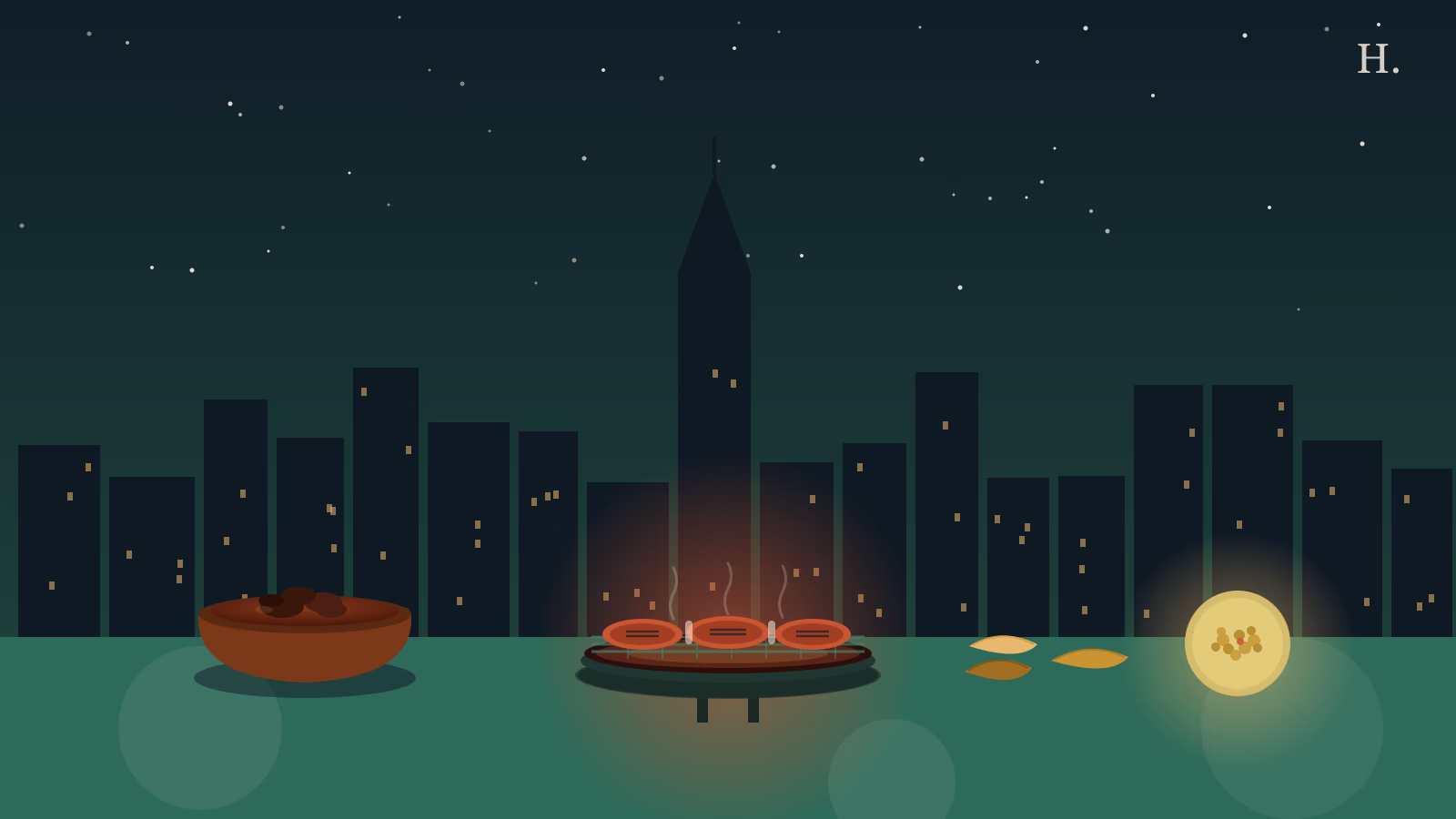Jerk chicken on a charcoal grill with oxtail stew bowl and plantains, Houston skyline at night, caribbean restaurants houston