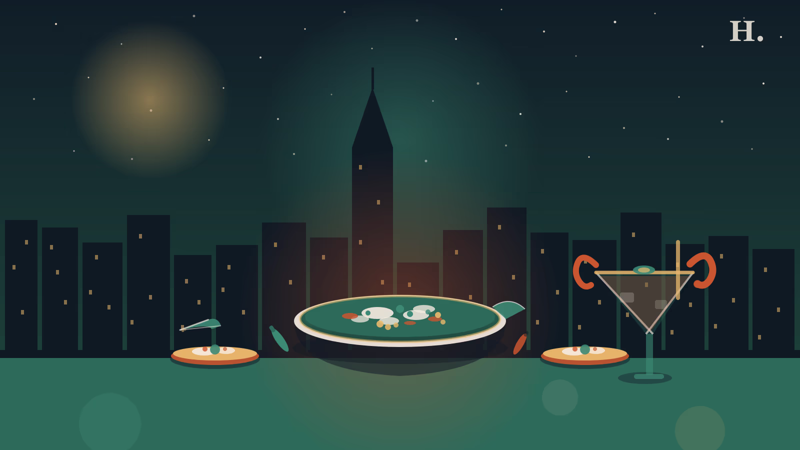 Best mariscos Houston illustration showing a ceviche bowl with tostadas and a coctel glass against the city skyline at night