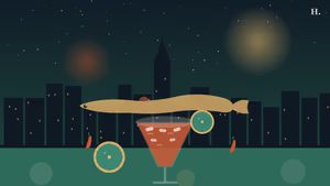 Best ceviche in Houston illustration: cocktail glass, lime slices, and fish silhouette against the skyline