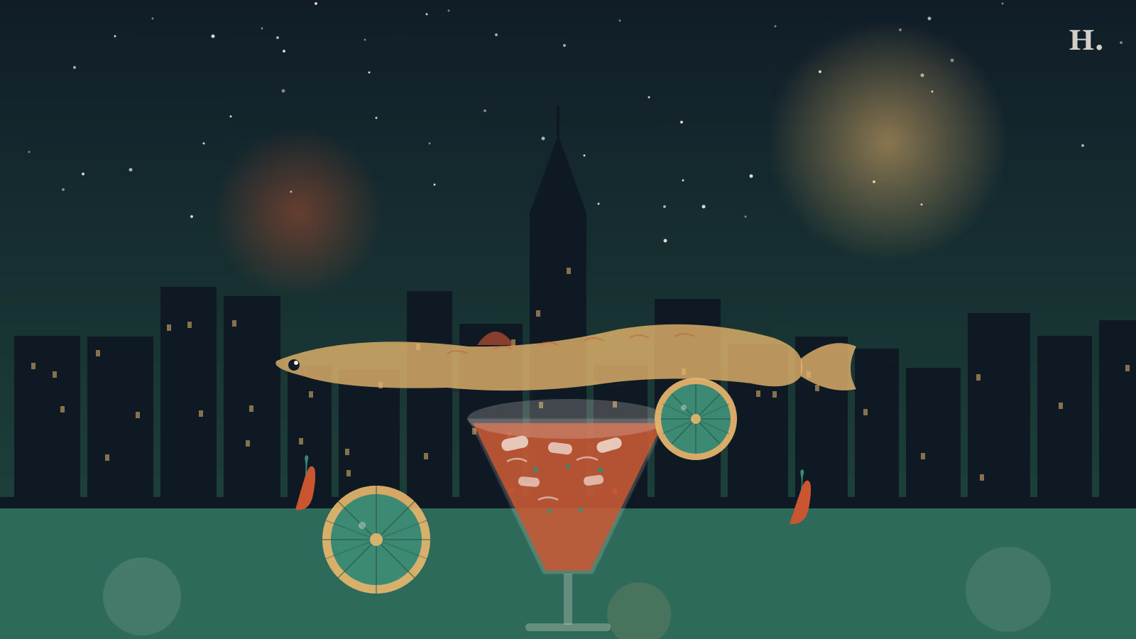 Best ceviche in Houston illustration: cocktail glass, lime slices, and fish silhouette against the skyline