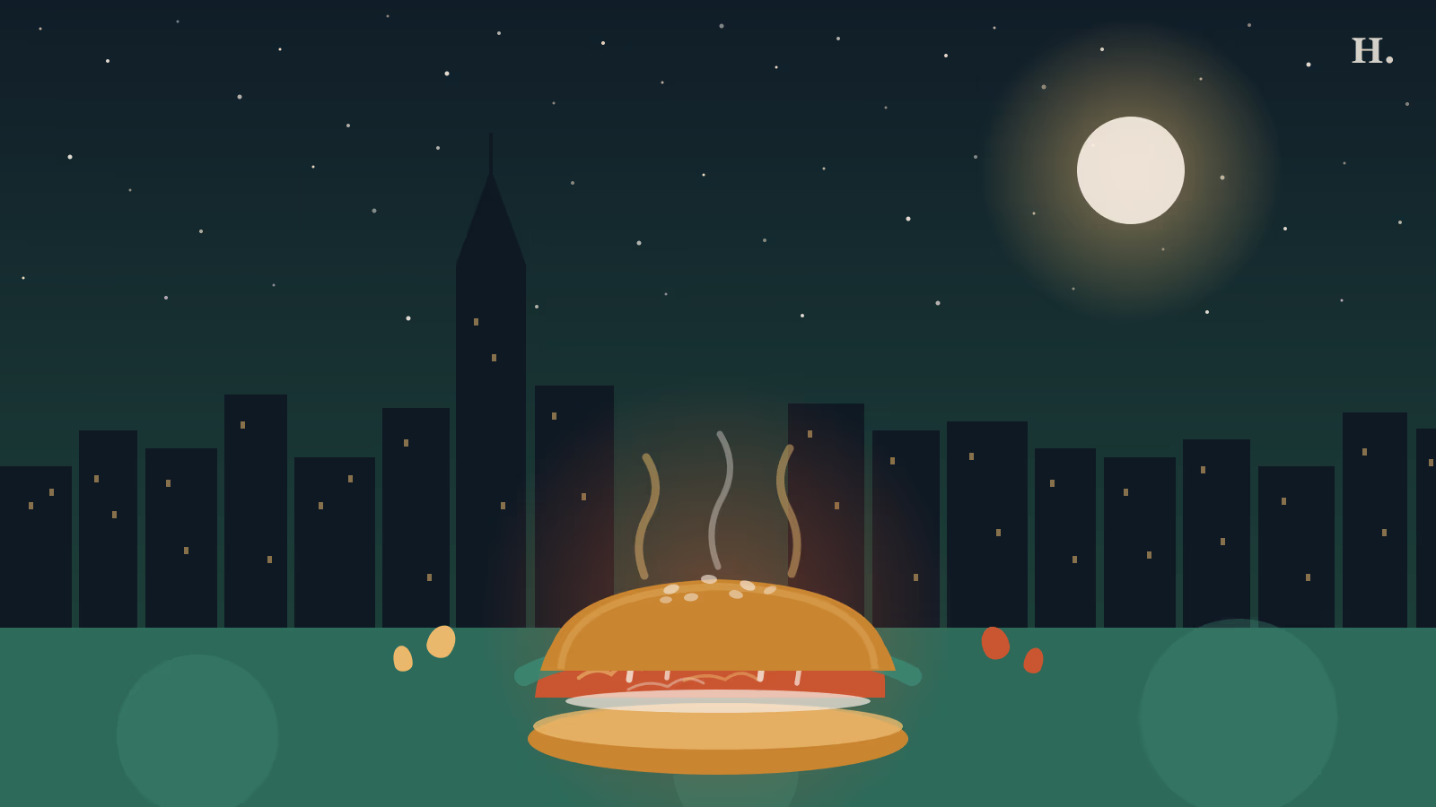 Best chicken sandwiches in Houston illustration: sesame bun sandwich with teal lettuce and steam wisps against Houston night skyline