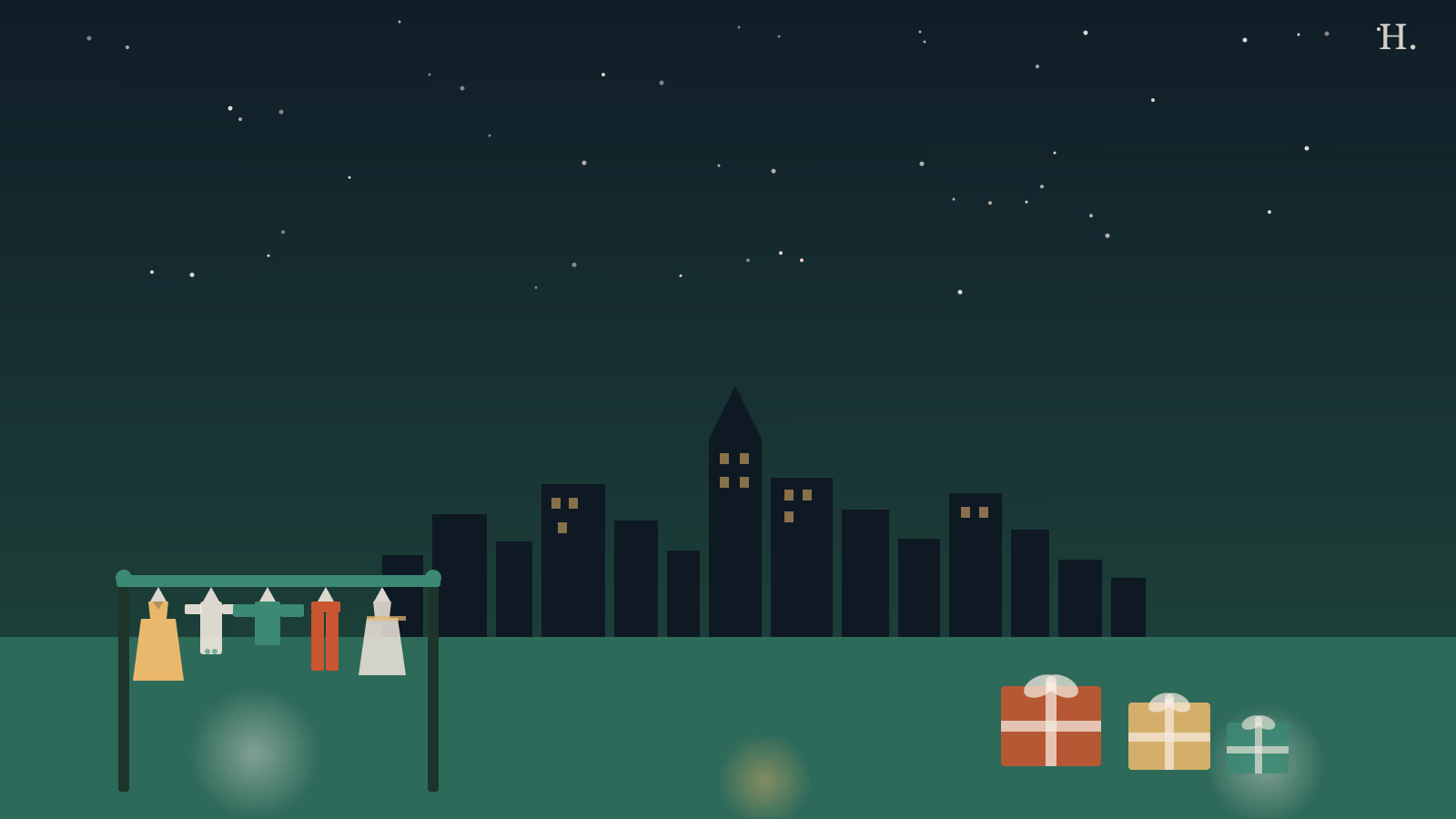 Houston children’s boutiques illustration: small clothing rack with hanging dresses and a gift box against the city skyline at night