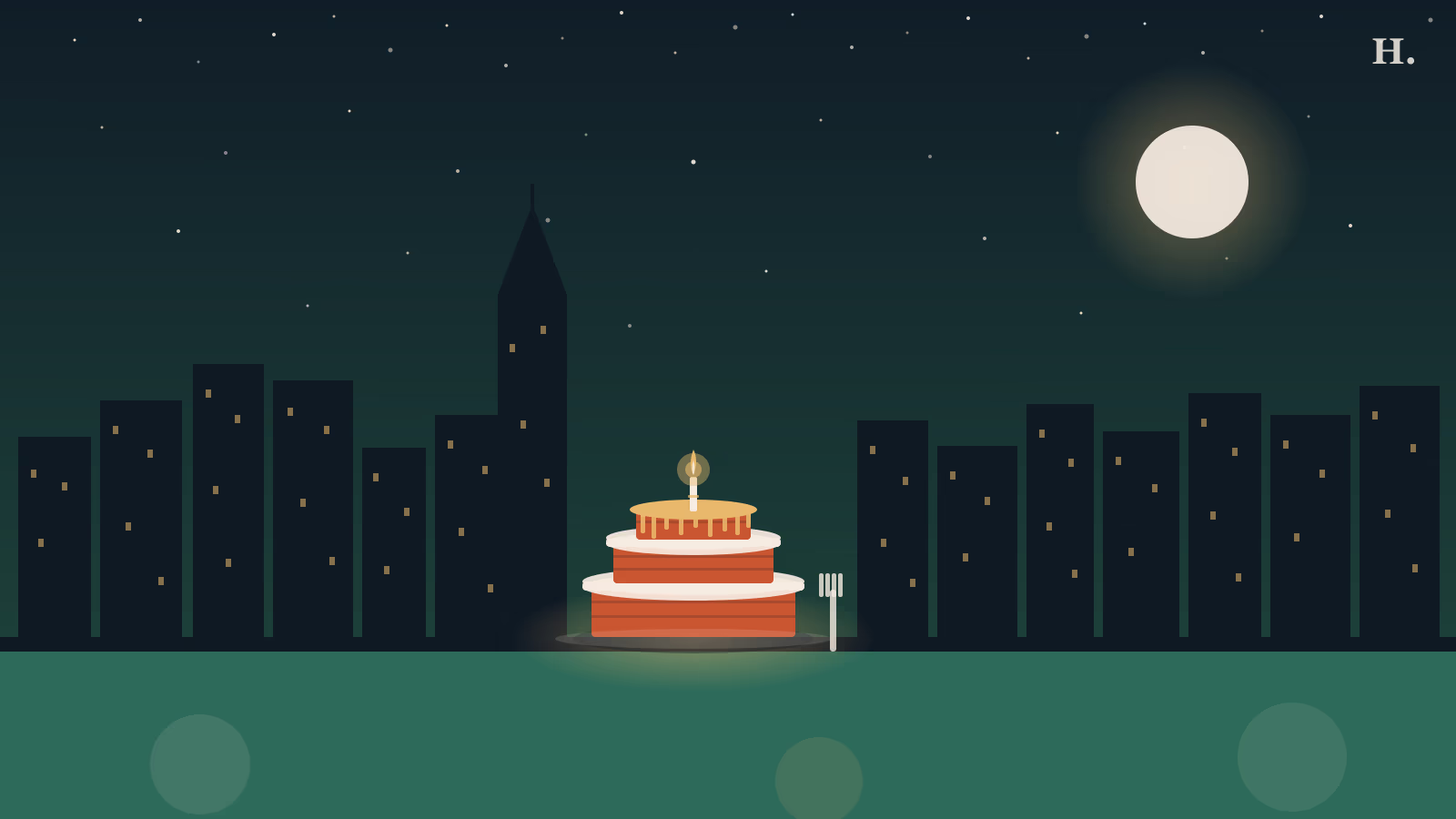 Best chocolate cake in Houston: three-tier chocolate layer cake with ganache drip and candle against the Houston night skyline