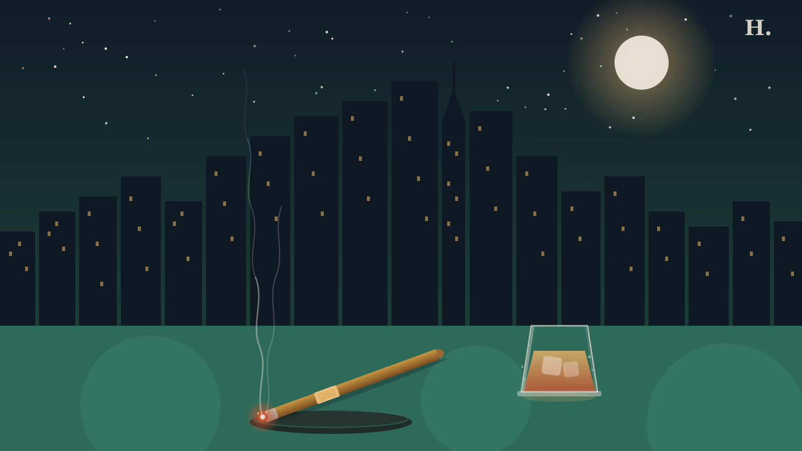 Cigar lounge Houston illustration: lit cigar in ashtray with rising smoke and whiskey tumbler against night skyline