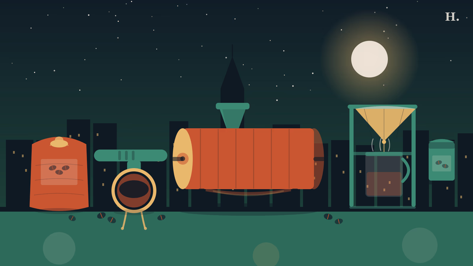 Coffee roasters houston: roasting drum, portafilter and Houston skyline at night