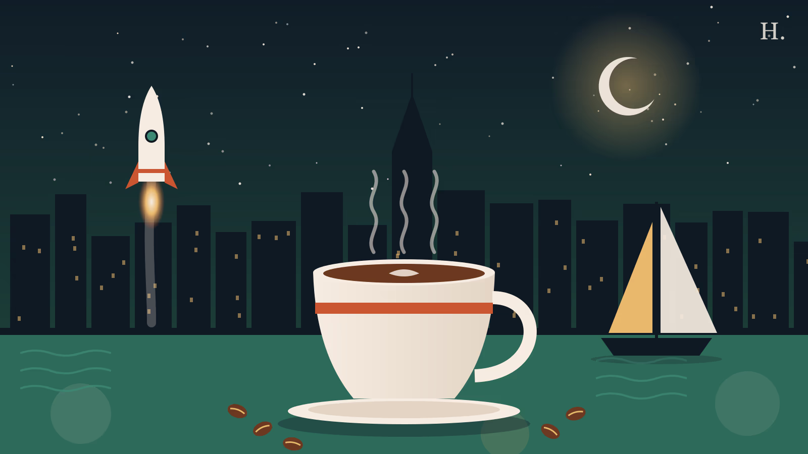 Coffee shops Clear Lake illustration: steaming coffee cup, rocket launch and sailboat on the lake at night