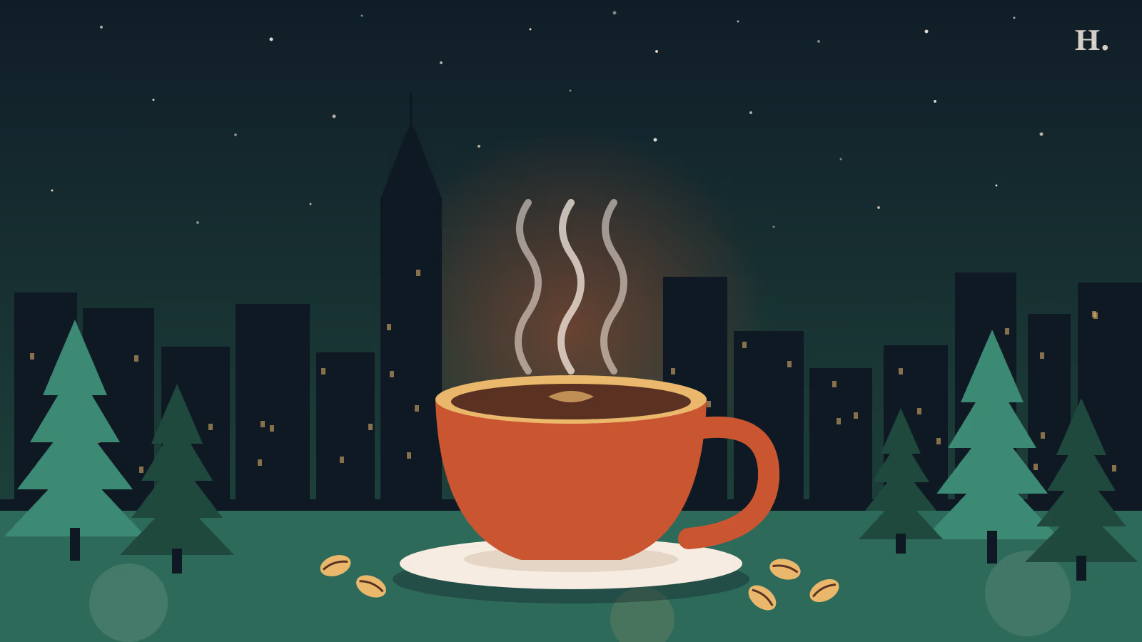 Coffee cup with rising steam and pine trees, Conroe TX coffee shops night-sky illustration