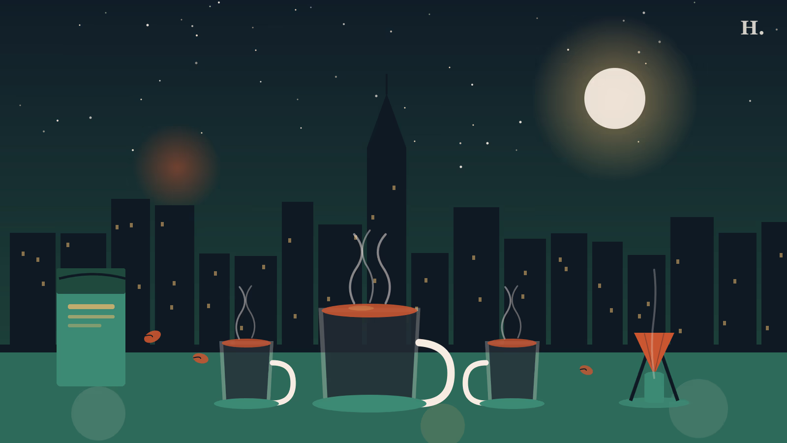 Best coffee shops in Cypress TX: steaming mugs, coffee bag and pour-over under Houston night sky