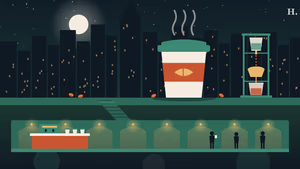 Coffee shops Downtown Houston illustration: coffee cup, cold-drip tower and tunnel cafe beneath the skyline