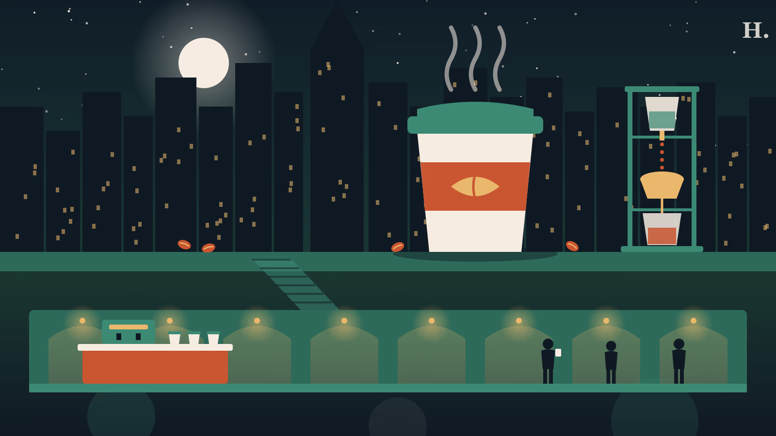 Coffee shops Downtown Houston illustration: coffee cup, cold-drip tower and tunnel cafe beneath the skyline