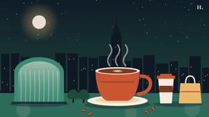 Coffee shops Galleria and Uptown illustration: latte cup, Waterwall arch and Houston night skyline