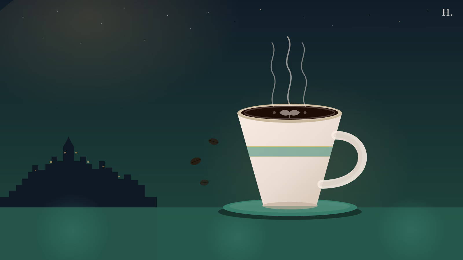 Coffee shops in Galveston illustration: espresso cup with latte art, steam, and Galveston island night sky