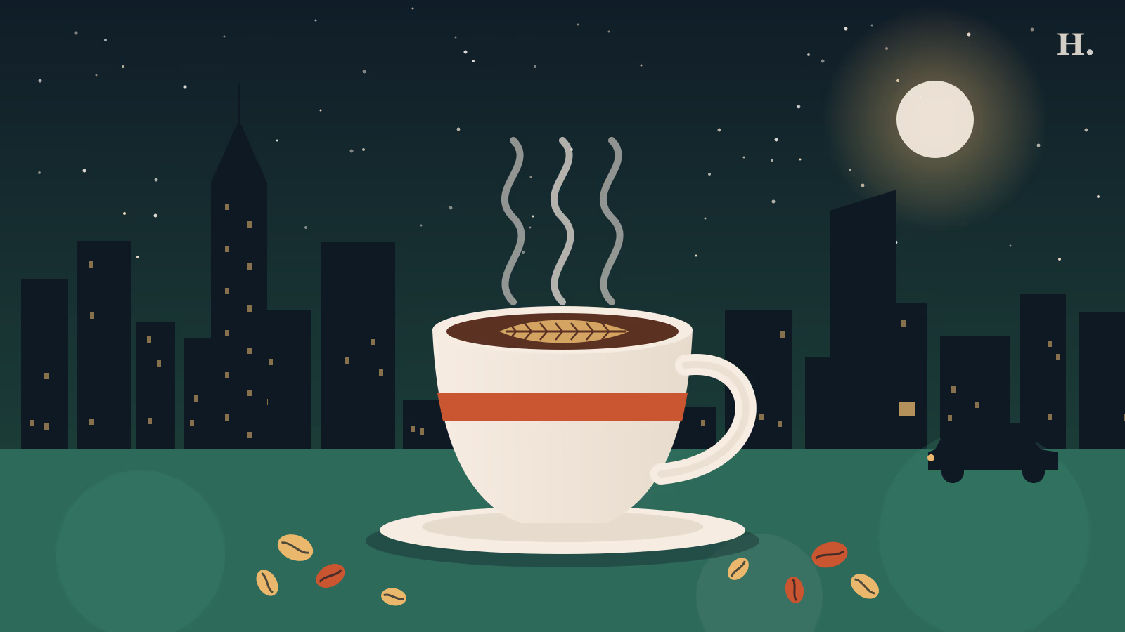 Coffee shops Katy illustration: steaming latte, coffee beans and night skyline with a drive-through