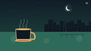 Coffee shops in Kemah TX illustration: steaming gold mug by the bay with night skyline and dock