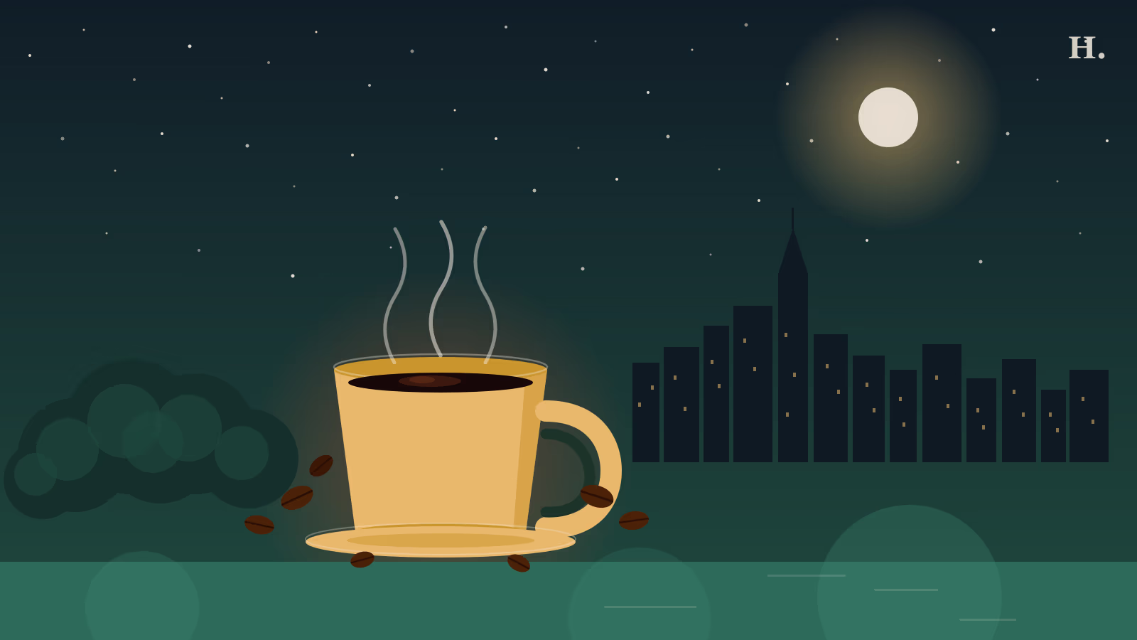 Best coffee shops in League City TX: steaming espresso cup with coffee beans on a night-sky background