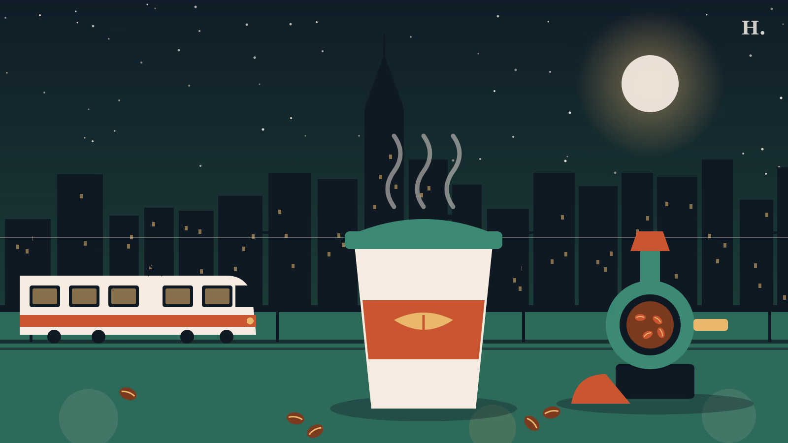 Coffee shops Midtown Houston illustration: to-go coffee cup, rail car and roaster under the night skyline