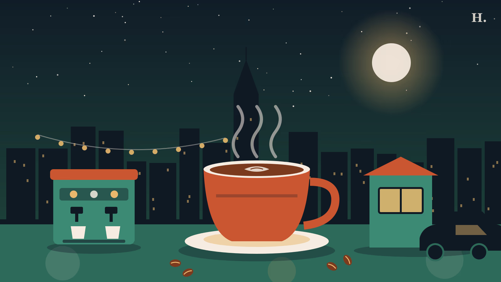 Coffee shops Montrose illustration: steaming coffee cup and espresso machine under Houston's night skyline