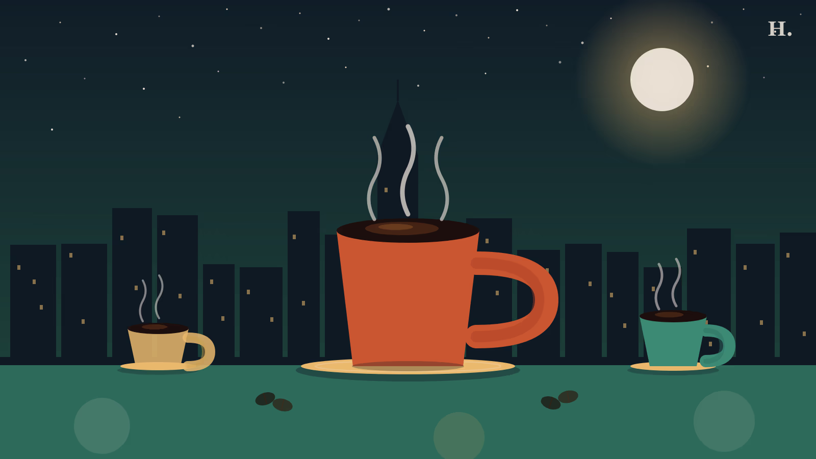 Three coffee cups with steam rising over the Houston night skyline, Pasadena TX