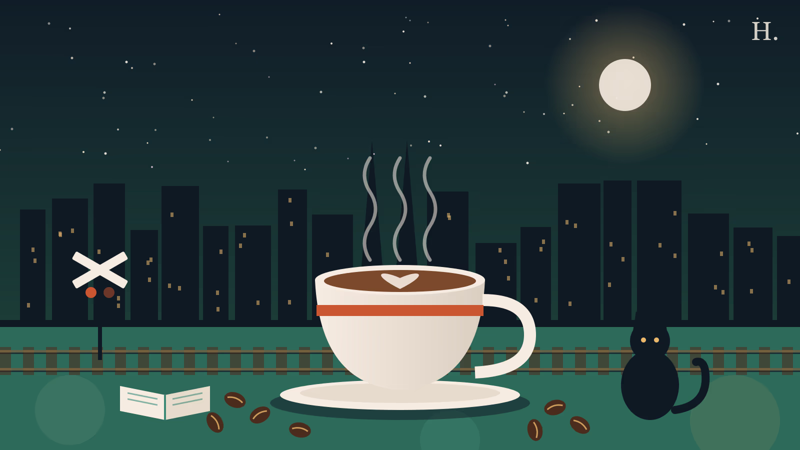 Coffee shops Pearland illustration: steaming latte, coffee beans, cat and train tracks under night sky