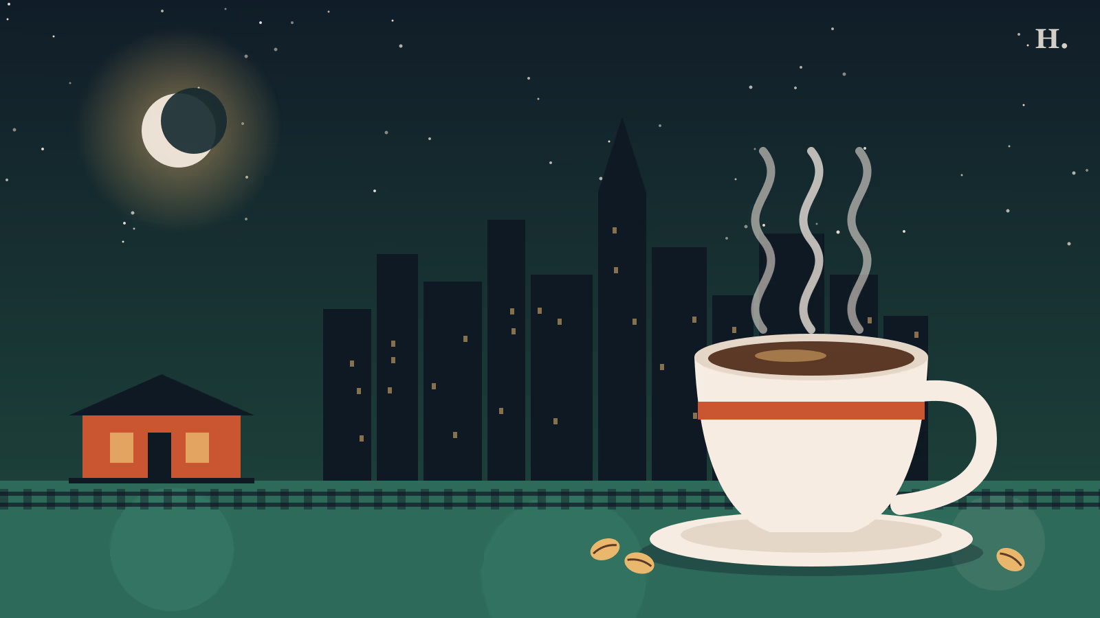 Illustration of coffee shops in Spring: a steaming cup, Old Town depot and railroad tracks