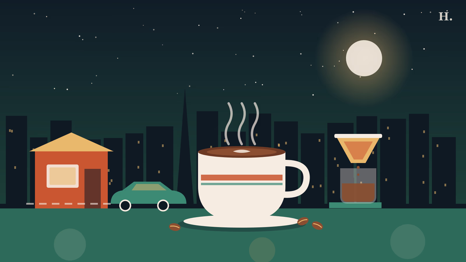 Coffee shops Sugar Land illustration: steaming coffee cup, pour-over and drive-through window at night
