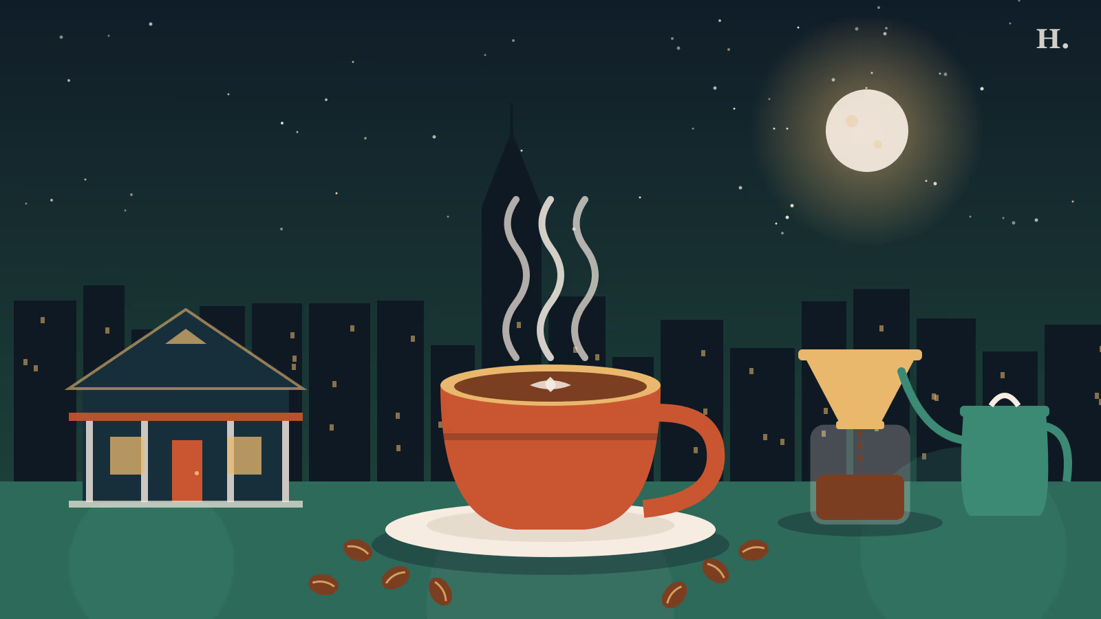 Coffee shops Heights illustration: steaming coffee cup and pour-over beside a Heights bungalow at night
