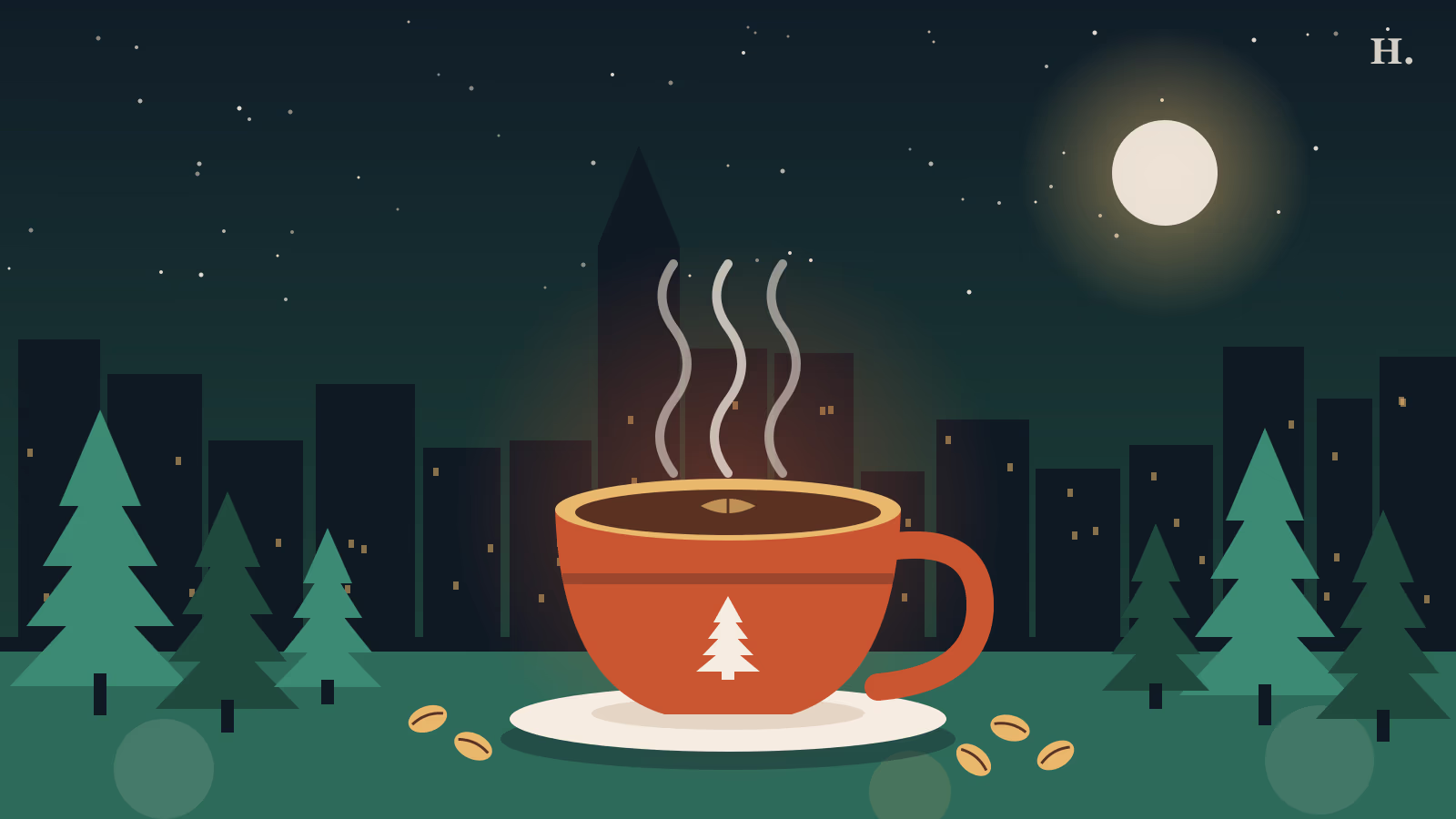 Illustrated coffee cup and pine trees at night for coffee shops The Woodlands guide