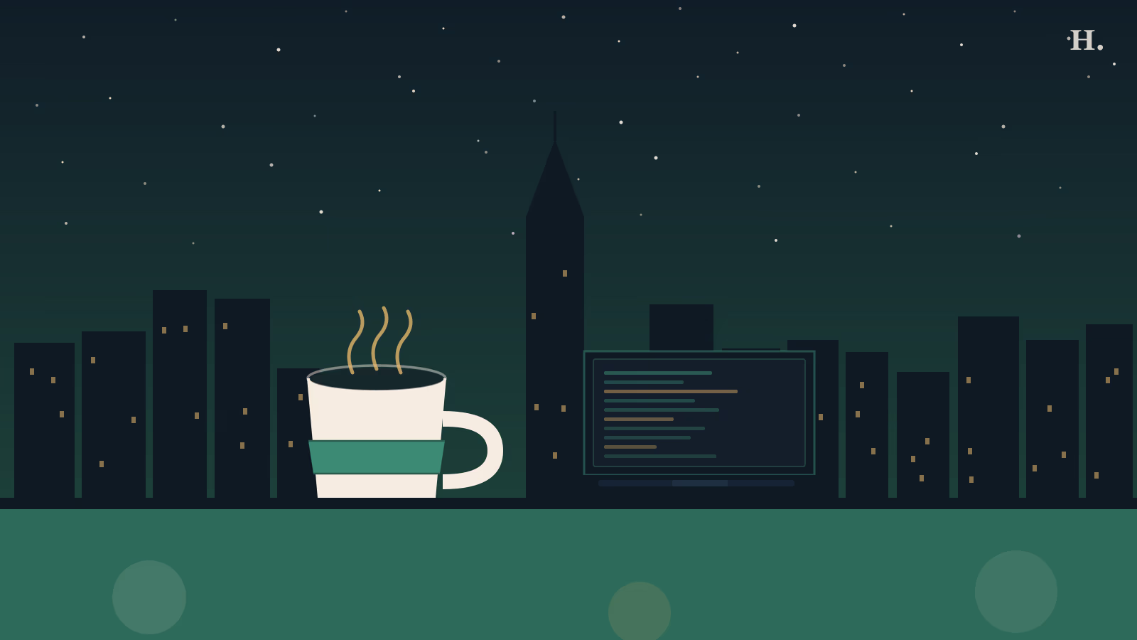 Best coffee shops to work in Houston illustration: coffee cup with steam and open laptop against a Houston night skyline