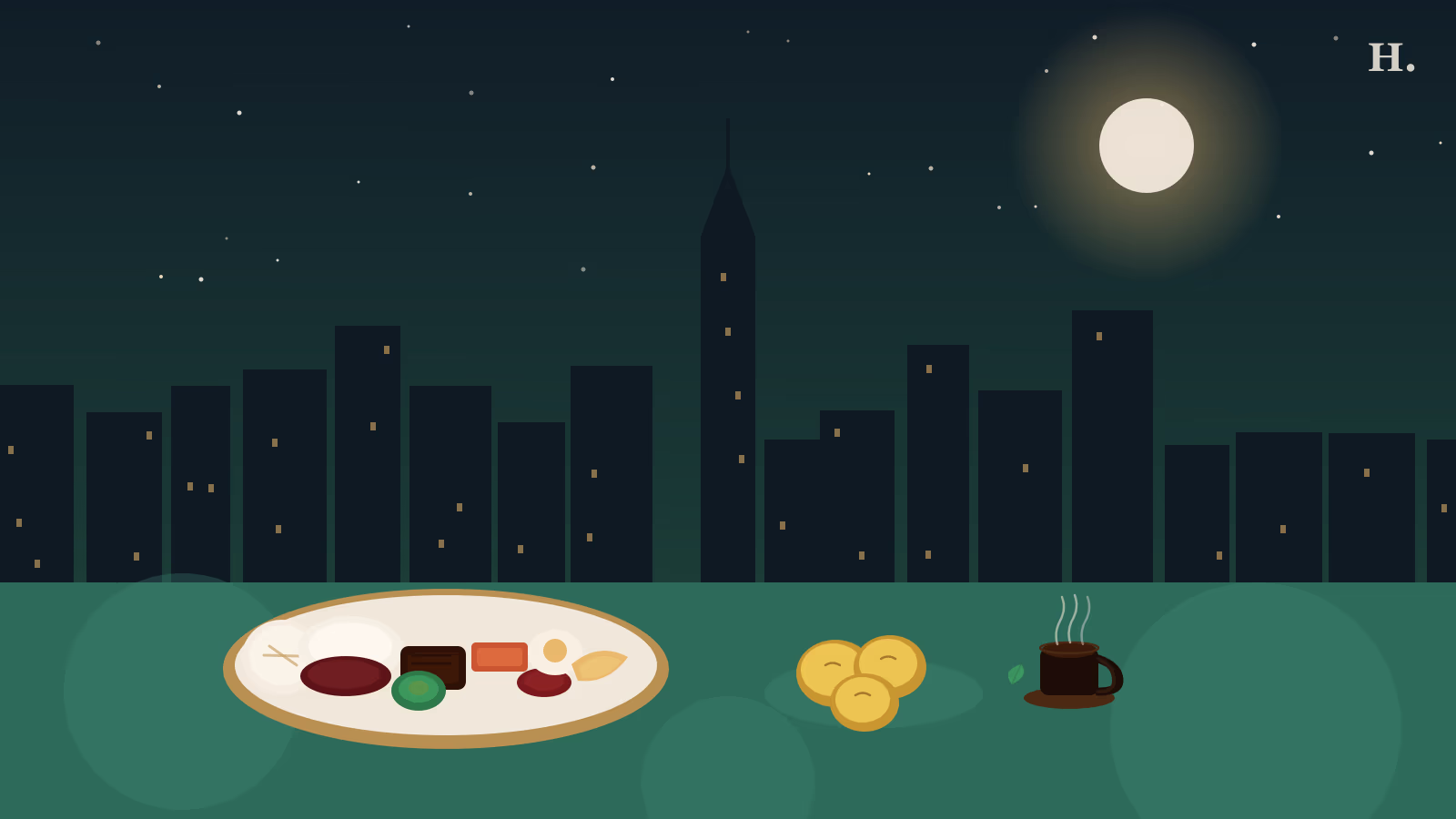 Best Colombian restaurants Houston illustration: bandeja paisa tray, pandebono rolls and tinto coffee against the Houston skyline at night