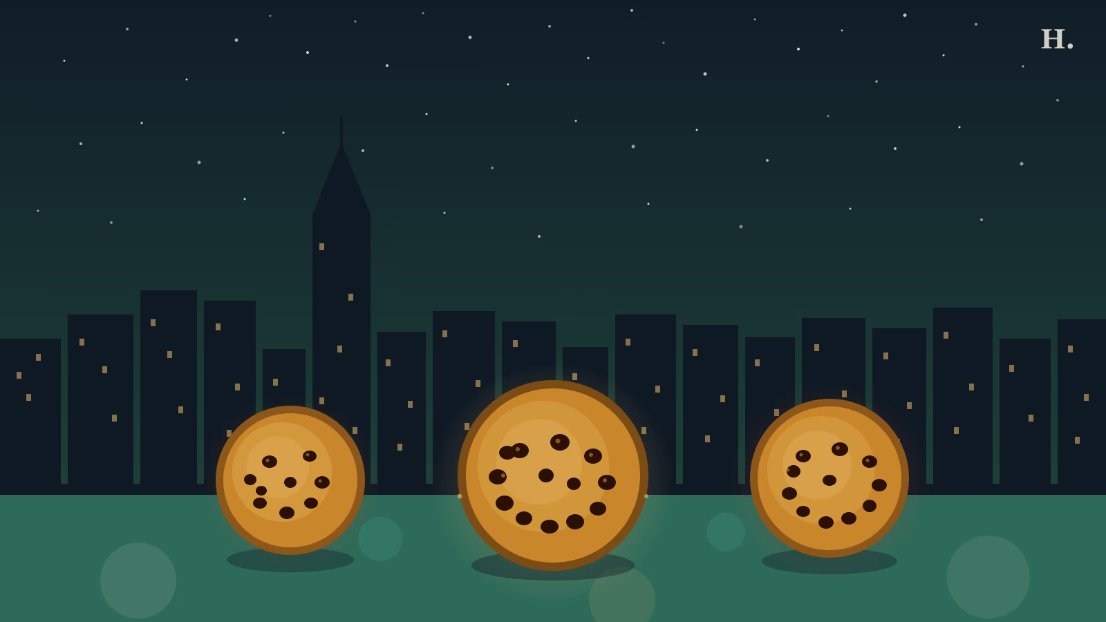 Best cookies in Houston illustration: large chocolate chip cookies against the Houston night skyline
